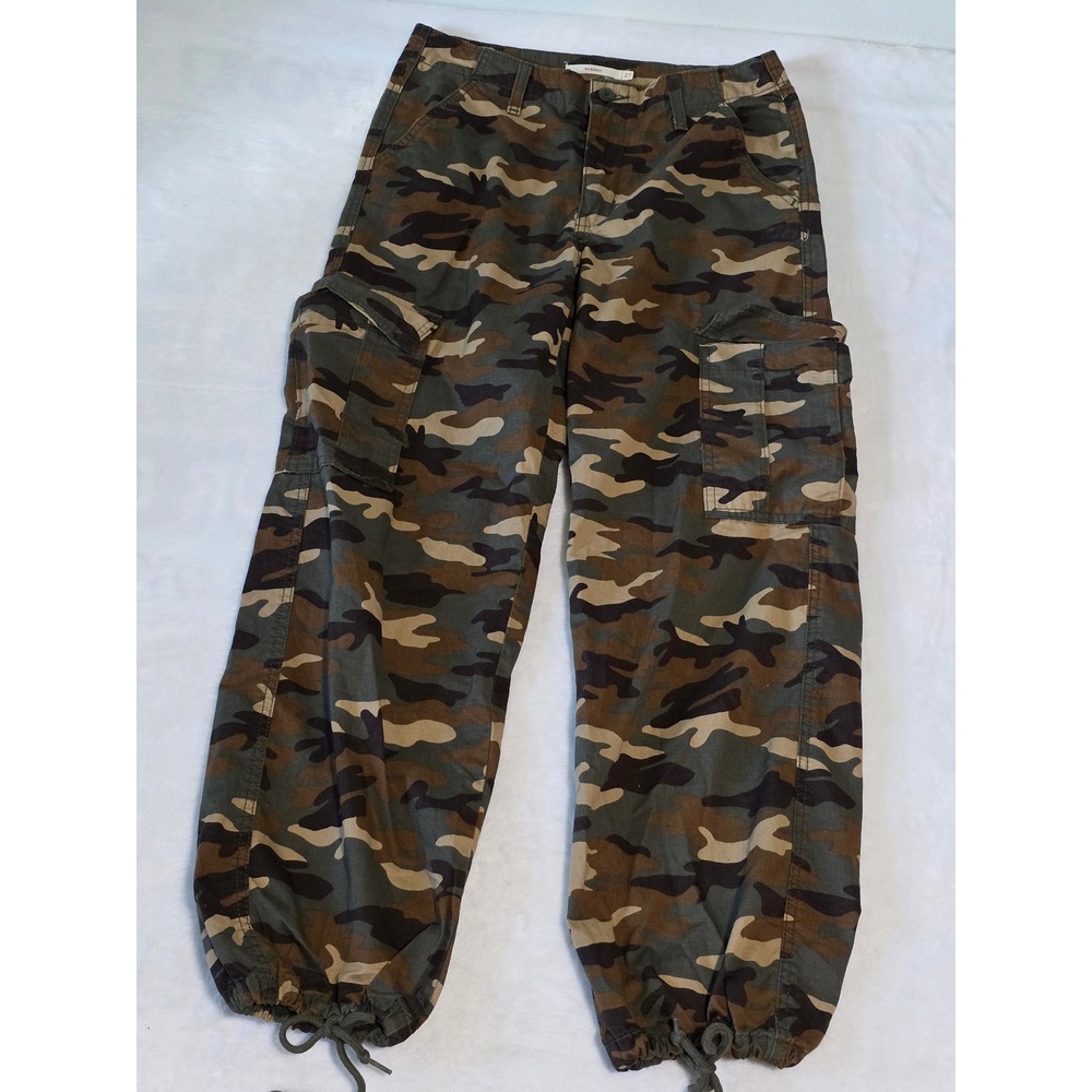 Levis 94 Baggy Cargo Pants Camo Green Brown Drawstring Hem Womens 27 Cinch Ankle
